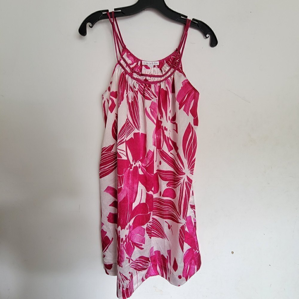 Oscar De La Renta Pink Floral Tropical Sleeveless Strappy Shift Mini Dress Small